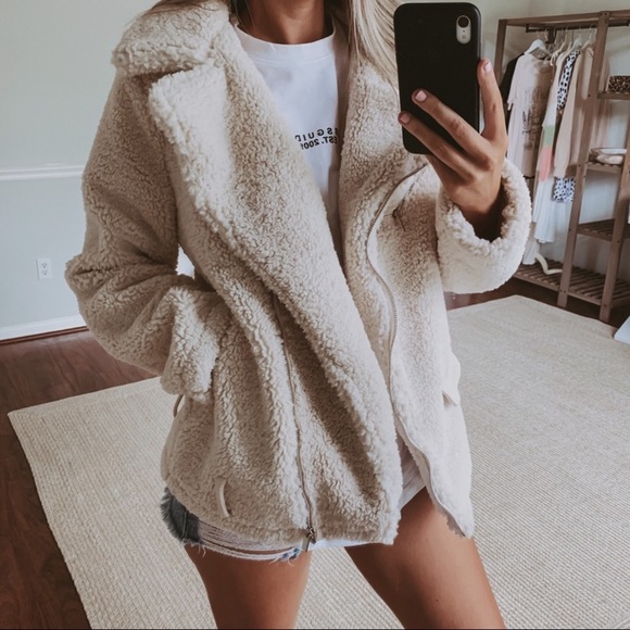 Jackets & Blazers - Teddy Coat Cream Bomber Moto Zip Up Jacket